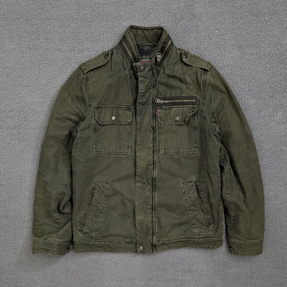 Levis Mens Sherpa Lined Military Field Jacket Olive Green Canvas Small
